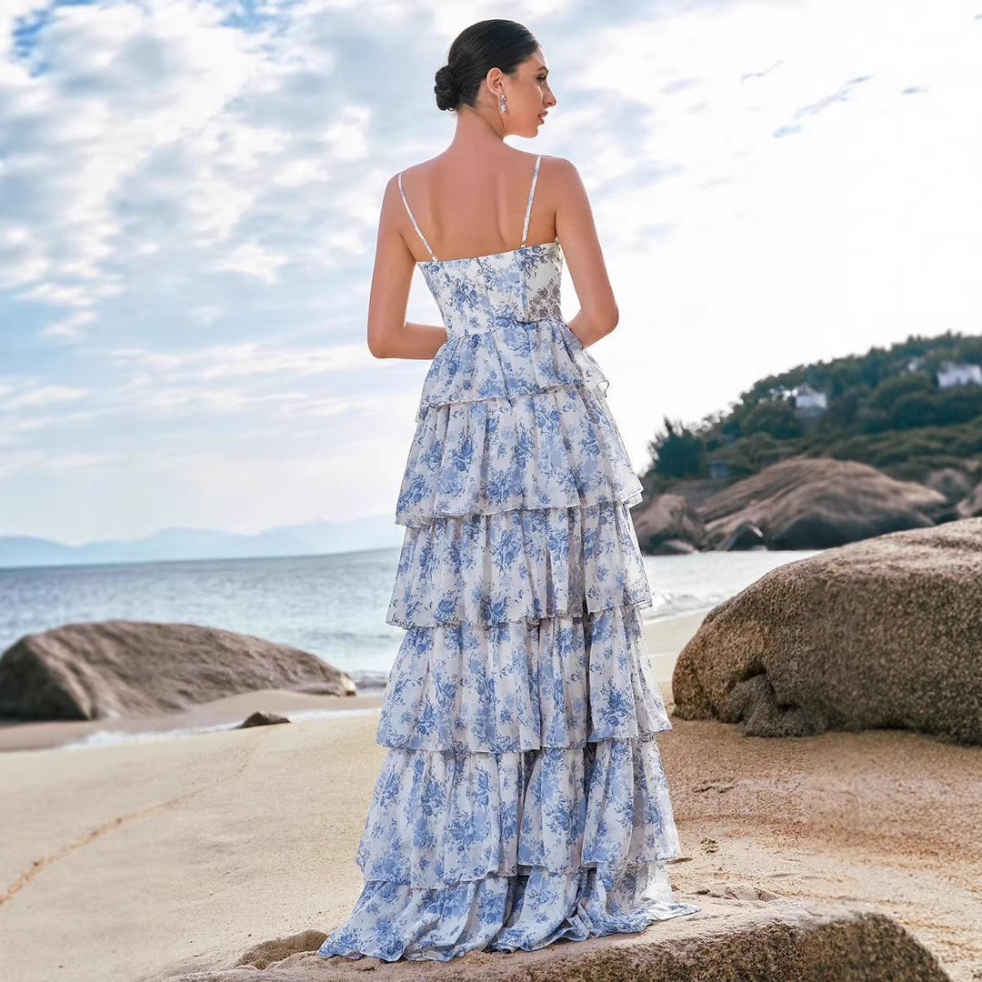 Damen Boho-Chic Maxikleid mit floralen Volant-Details und herzförmigem Ausschnitt Drune