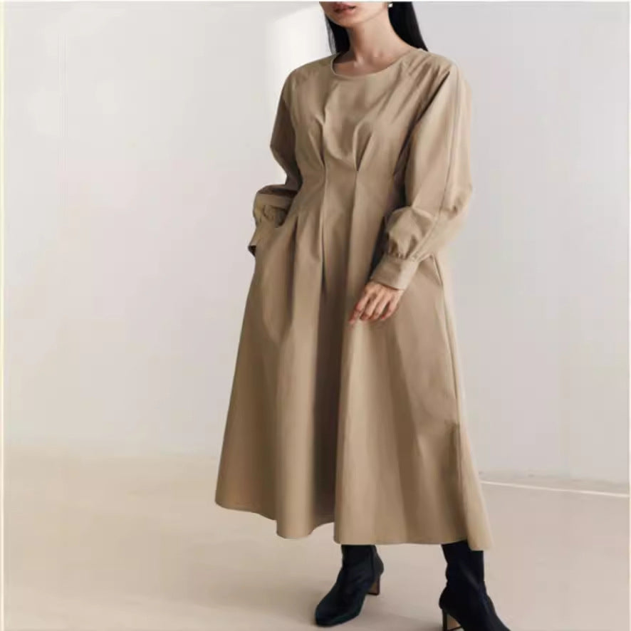 Damen Maxikleid mit Taillenabnähern, Rundhalsausschnitt und voluminösen Manschetten Drune