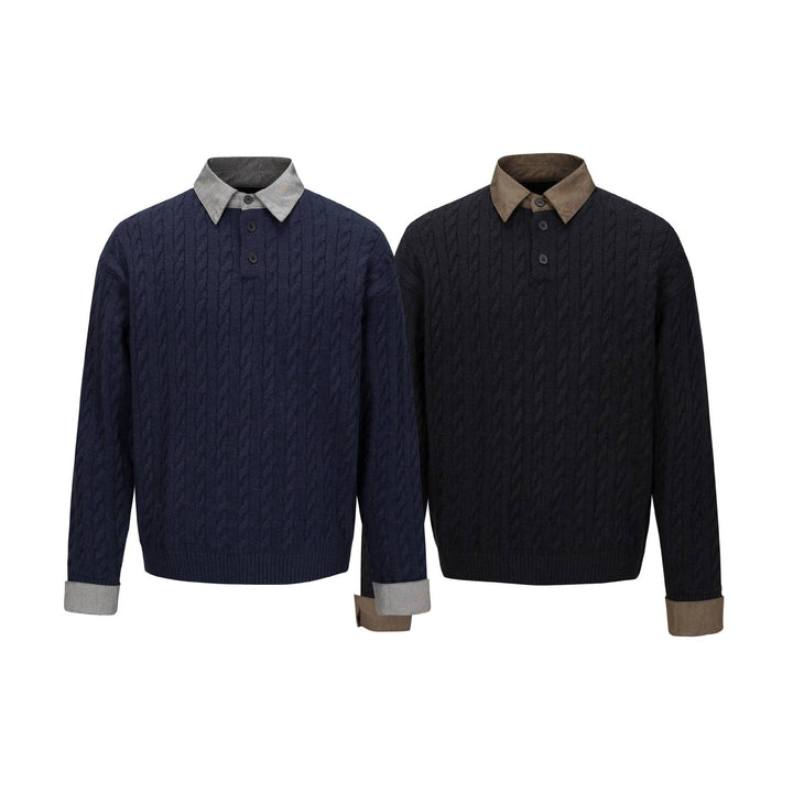 Herren Strukturierter Strickpullover mit integriertem Hemdkragen und Dreiknopf‑Leiste Drune