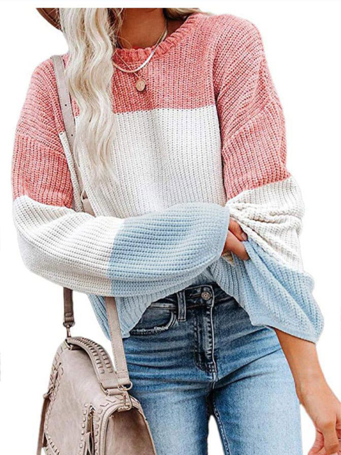 Damen Oversize Colorblock Strickpullover mit Ballonärmeln Drune