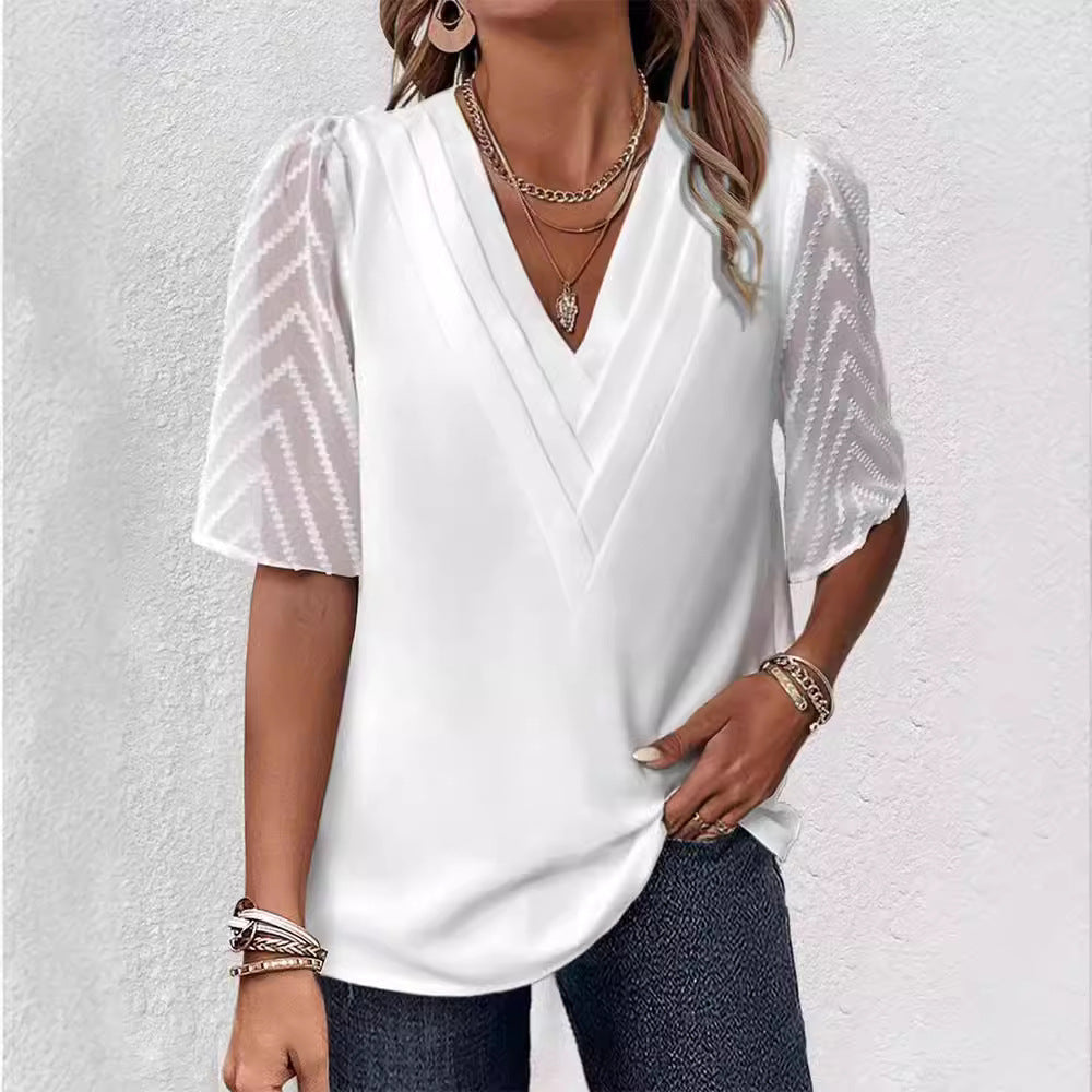 Damen nan elegantes Chiffon-Oberteil mit plissierter V-Passe und transparenten Zickzackärmeln Drune