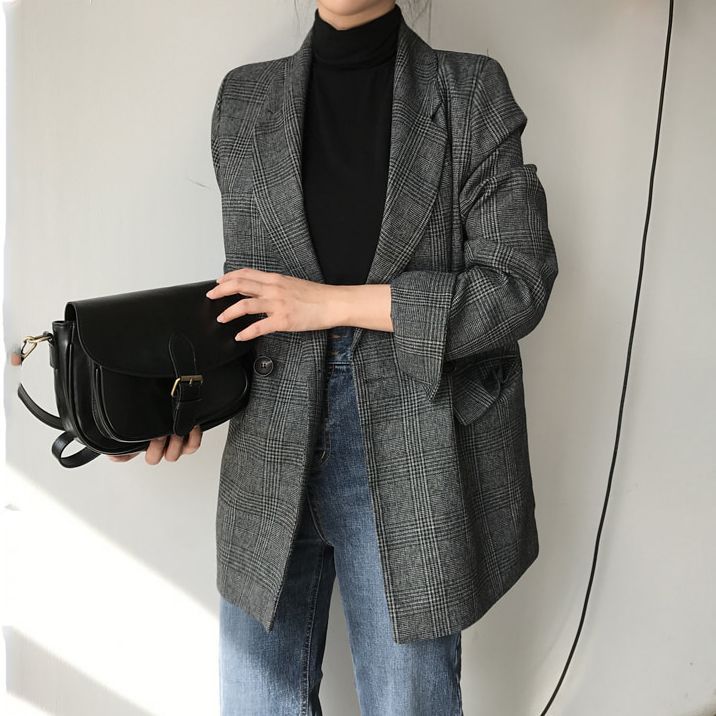 Damen Eleganter karierter Blazer mit doppelter Knopfleiste Drune