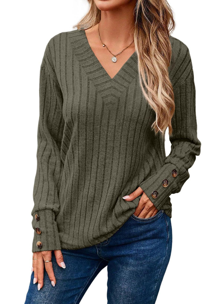 Damen Gerippter V-Ausschnitt Strickpullover mit Knopfmanschetten Drune