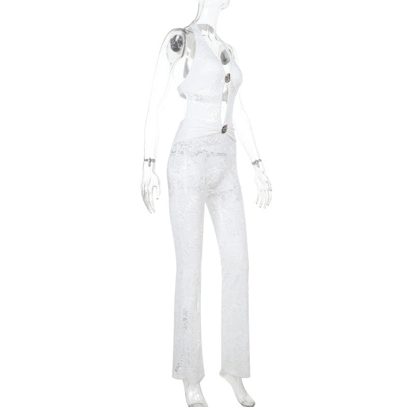 Damen Jumpsuit mit elegantem Spitzendetail und tiefem V-Ausschnitt Drune