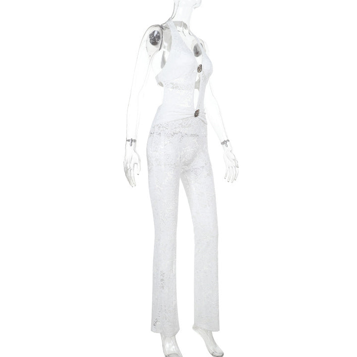 Damen Jumpsuit mit elegantem Spitzendetail und tiefem V-Ausschnitt Drune