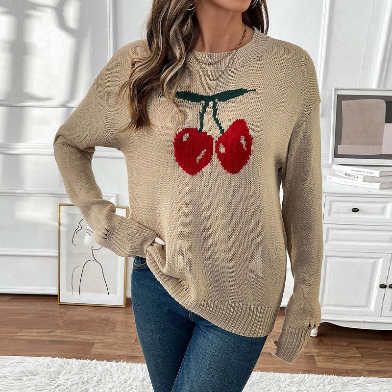 Damen Strickpullover mit Kirschen-Intarsie, Rundhalsausschnitt und legerem Oversize-Schnitt Drune