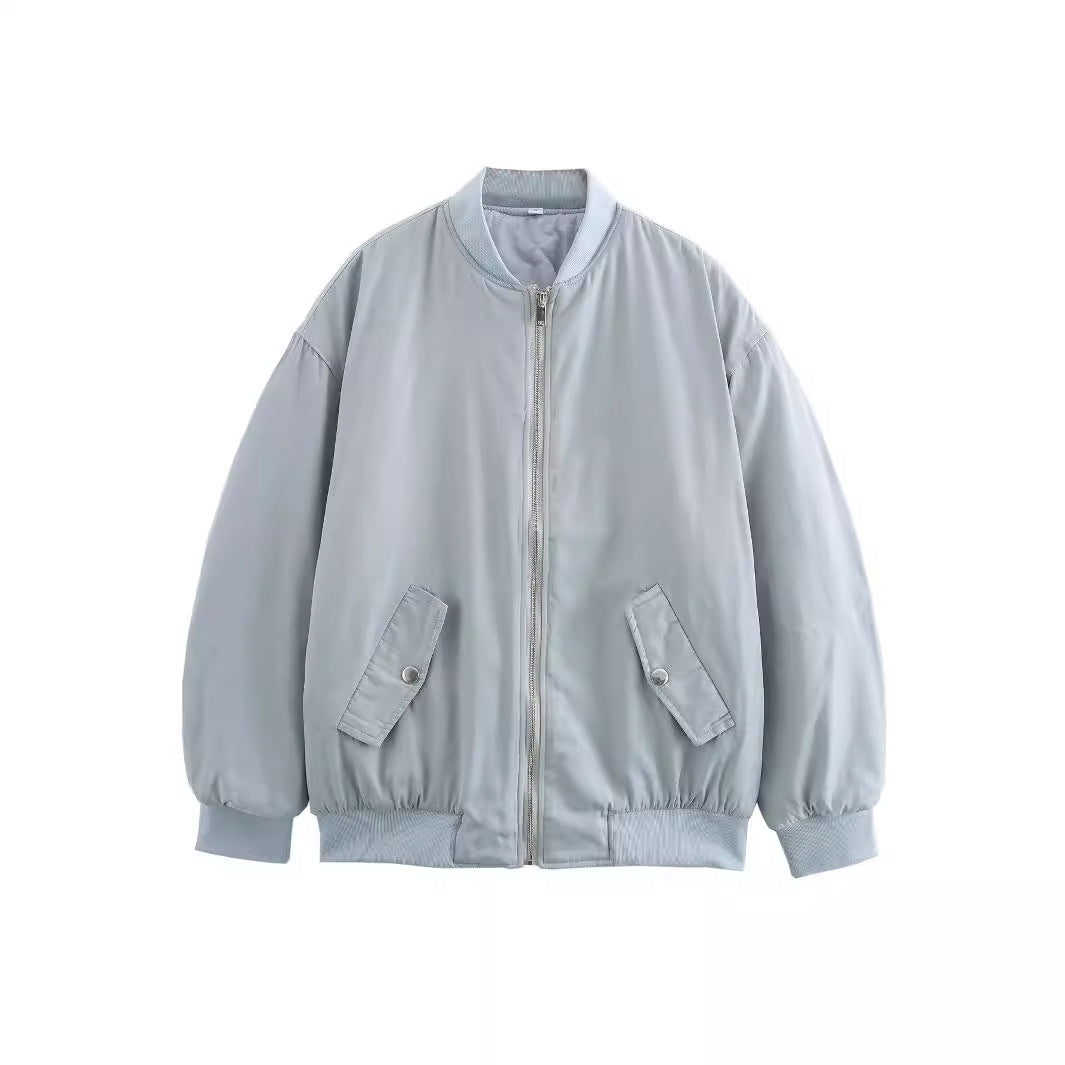 Damen nan oversized Bomberjacke mit Stehkragen, Reißverschluss und Druckknopf-Taschen Drune