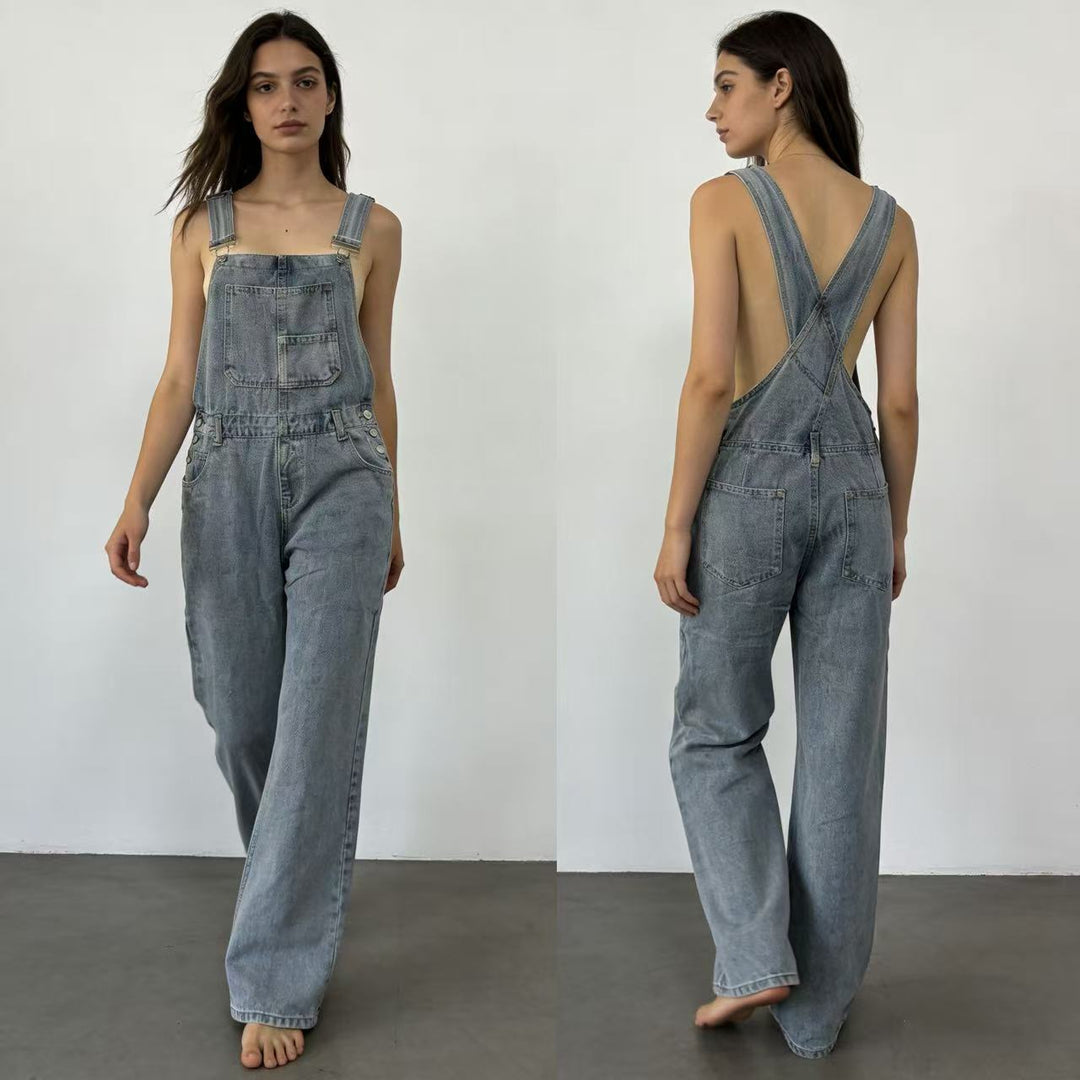 Damen nan weiche Denim-Latzhose mit weitem Bein, verstellbaren Trägern und Pattentasche Drune