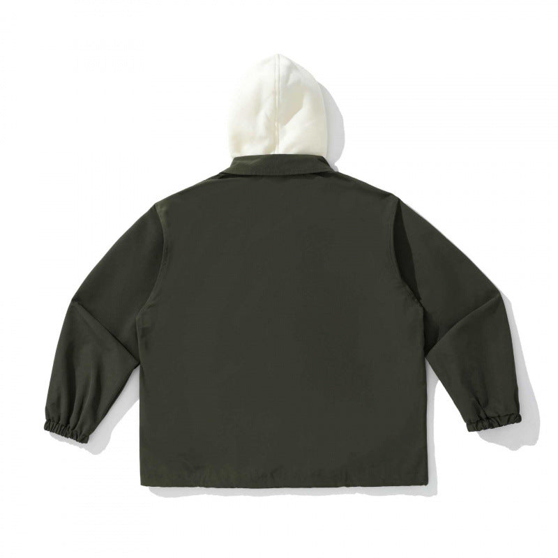 Unisex Zweilagige Overshirt Jacke mit angenähter Fleecekapuze und Druckknopfleiste Drune