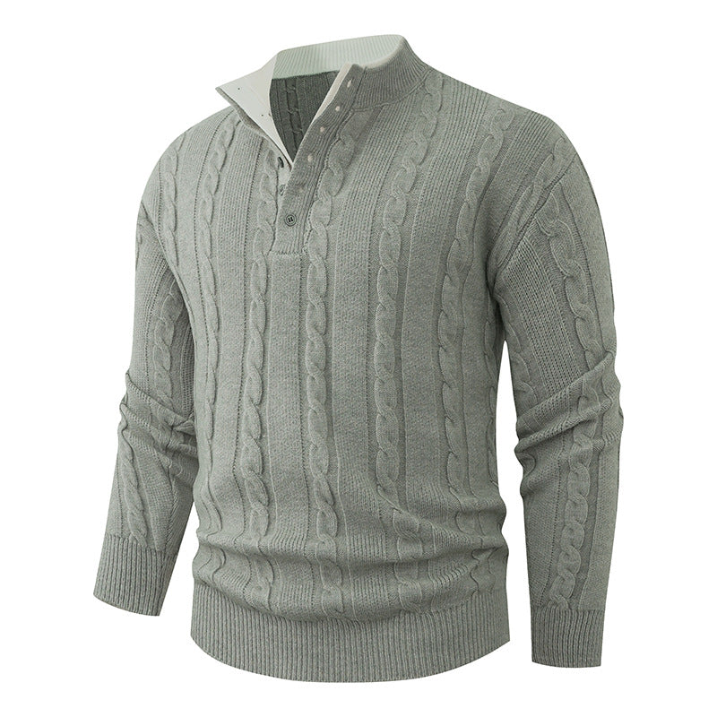 Herren Strukturierter Zopfstrick-Pullover mit Knopfleiste und Stehkragen Drune