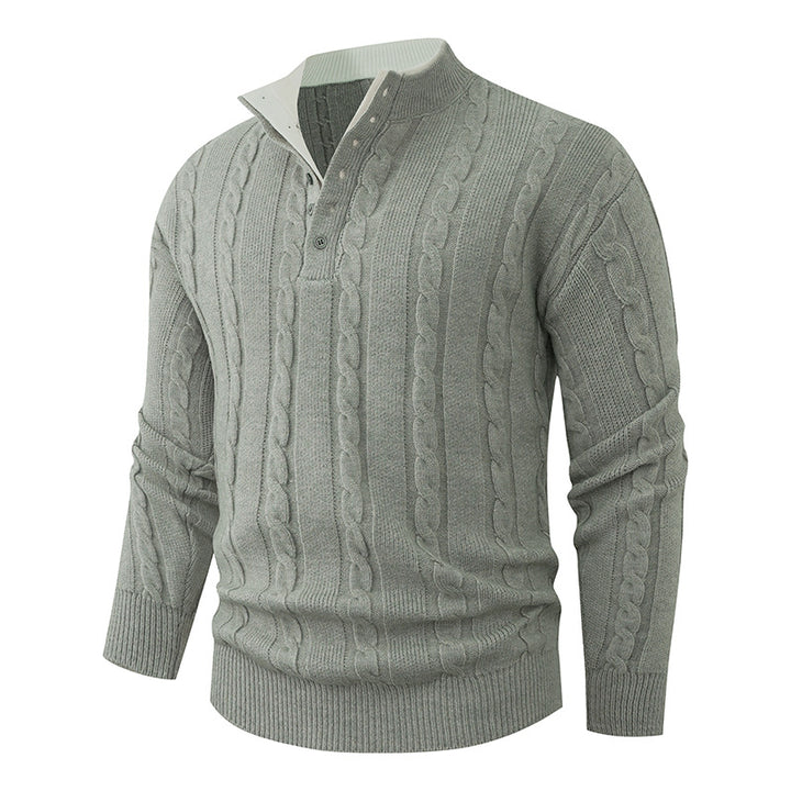 Herren Strukturierter Zopfstrick-Pullover mit Knopfleiste und Stehkragen Drune
