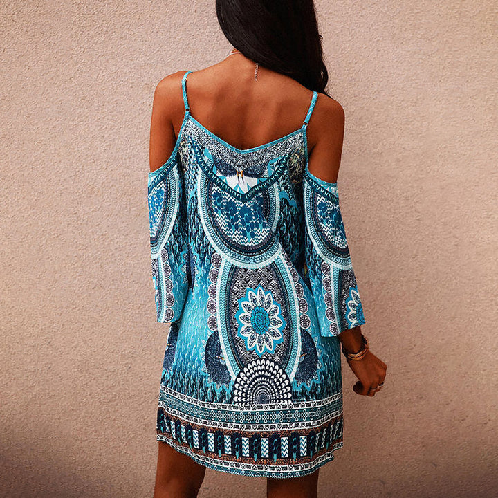 Damen Bohemian Off-Shoulder Tunika Kleid Drune