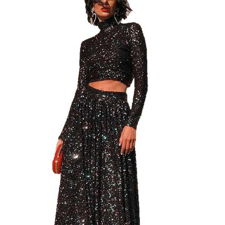 Damen nan zweiteiliges Pailletten-Abendset mit hochgeschlossenem Crop-Top und fließendem Maxirock Drune