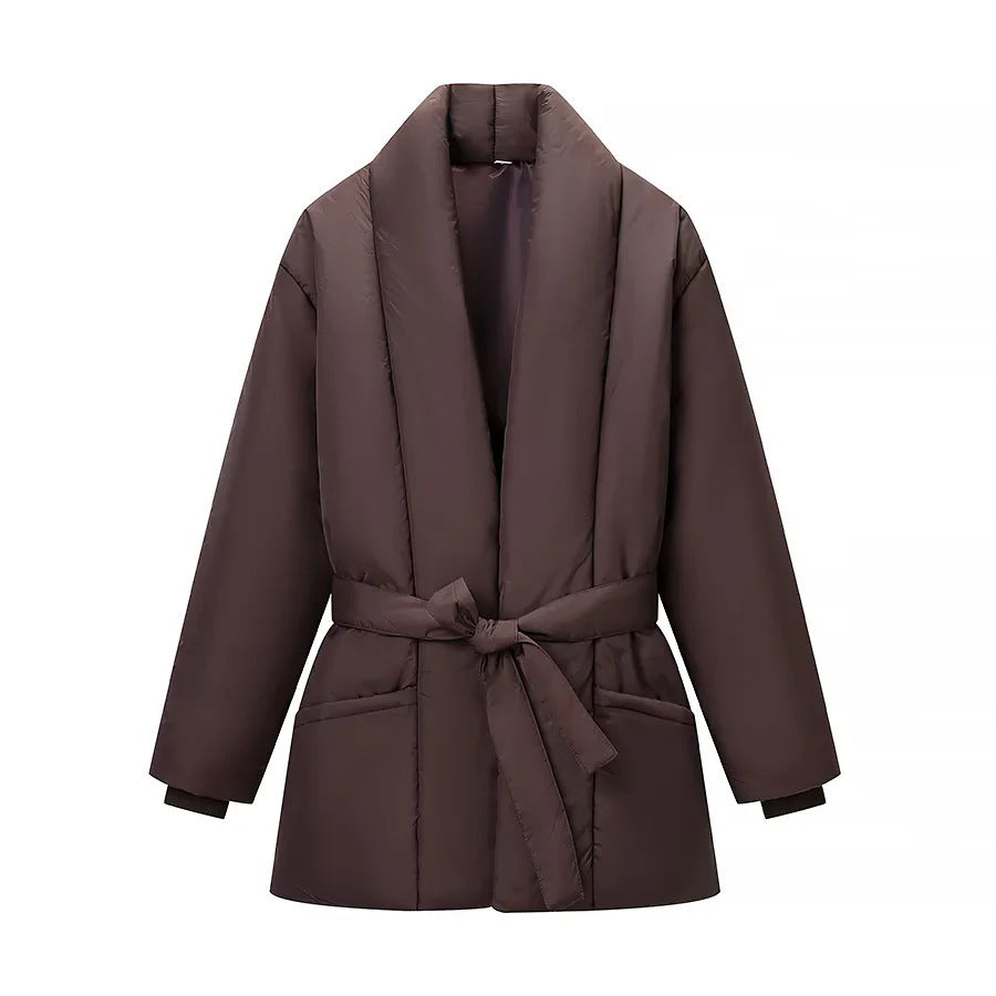Damen nan wattierte Jacke mit Schalkragen, Bindegürtel und aufgesetzten Taschen Drune