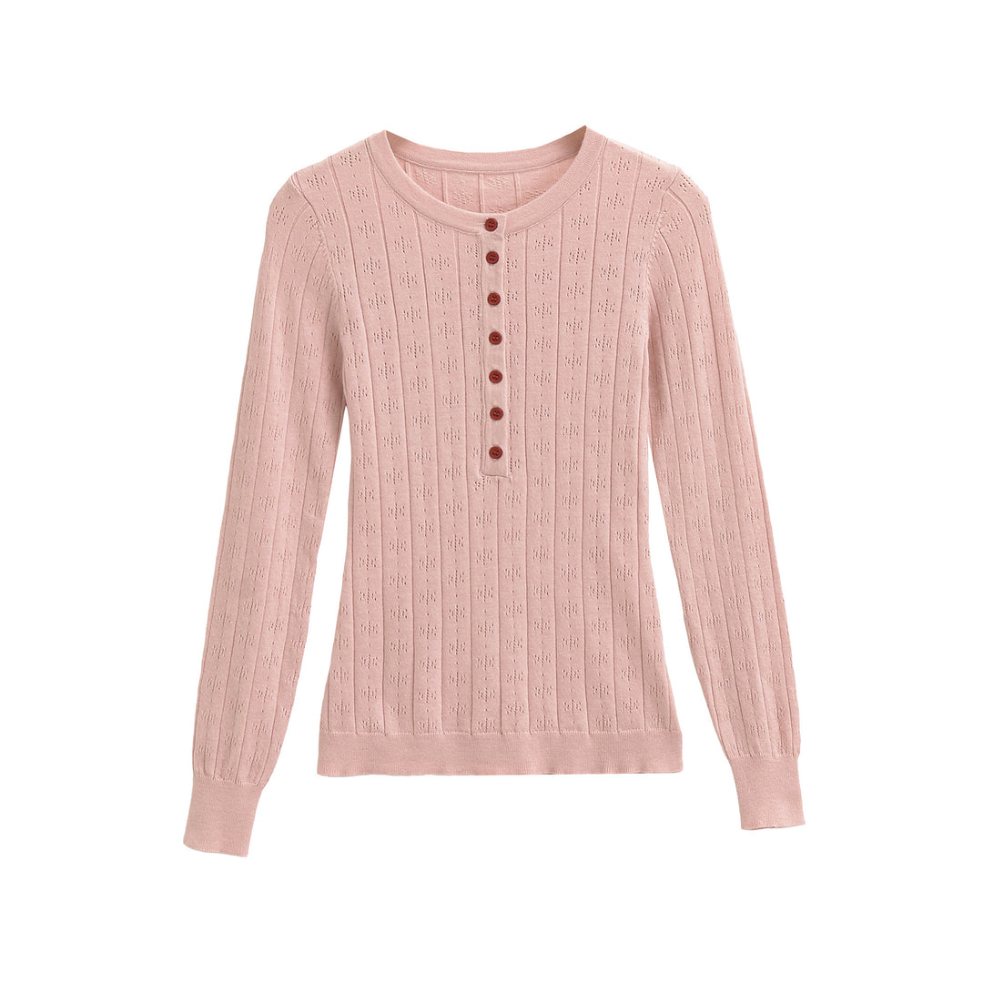 Damen Feinstrick-Longsleeve mit Knopfleiste und Strukturstrick Drune