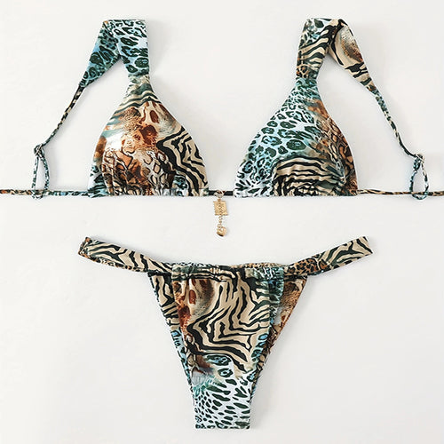 Damen Triangel-Bikini mit tierischem Muster und verstellbaren Trägern Drune