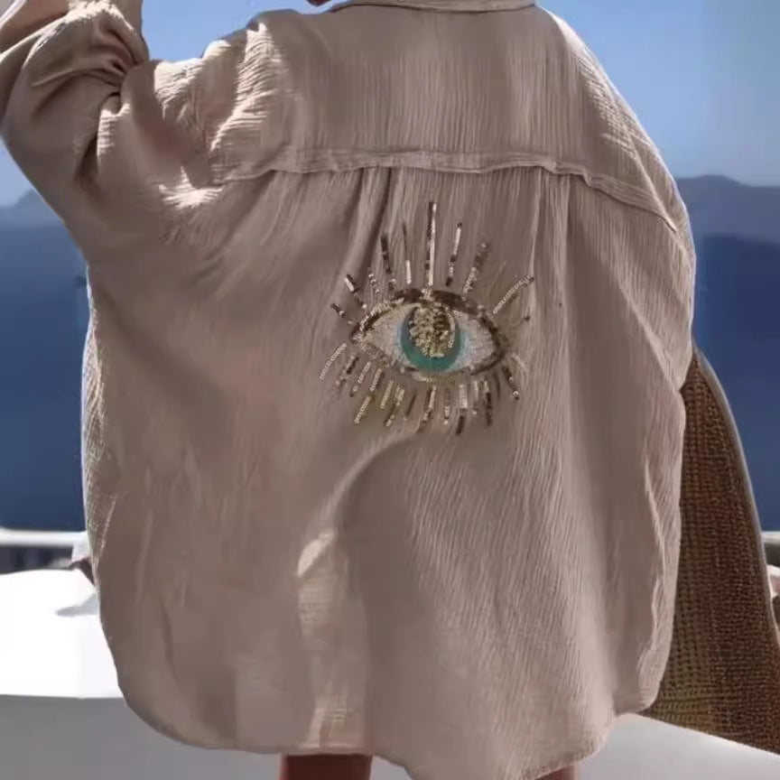 Damen lässige Bluse mit einzigartigem Augenmotiv und gestickten Akzenten Drune