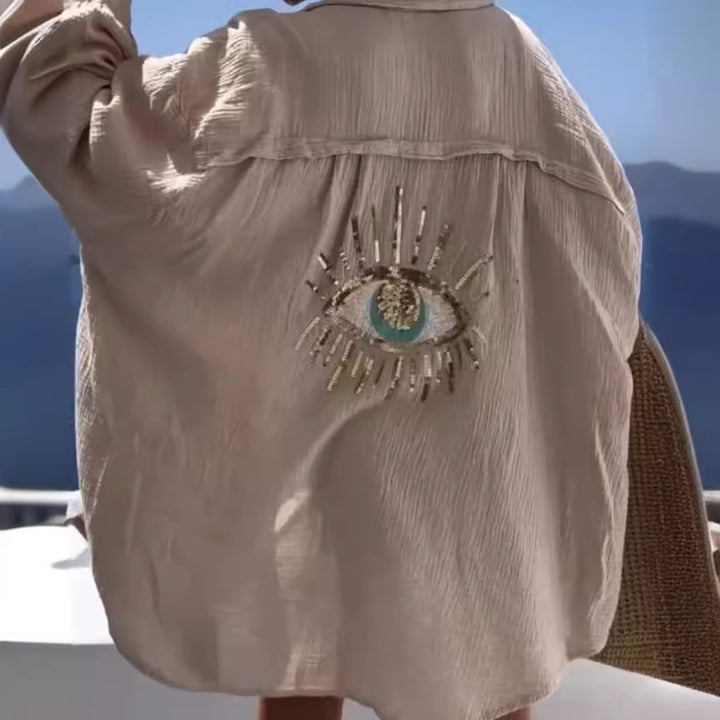 Damen lässige Bluse mit einzigartigem Augenmotiv und gestickten Akzenten Drune