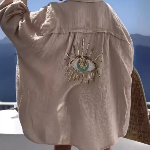 Damen lässige Bluse mit einzigartigem Augenmotiv und gestickten Akzenten Drune