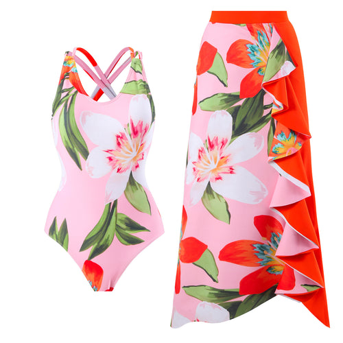 Damen Badeanzug-Set mit floralem Wickelrock und modernem Rüschendesign Drune