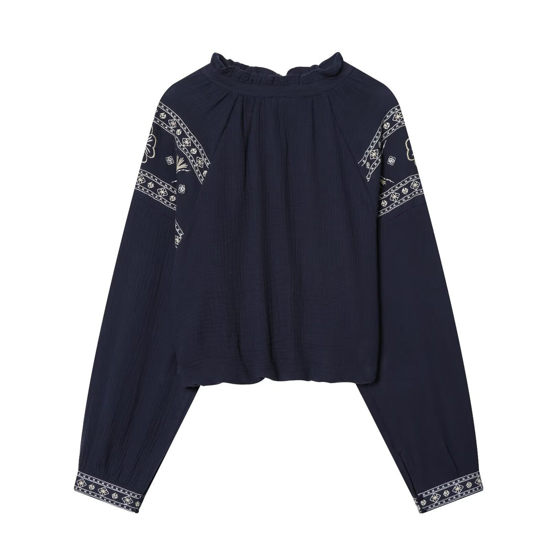 Damen nan bestickte Boho-Bluse mit gerafftem Stehkragen, Ballonärmeln und kurzem Saum Drune