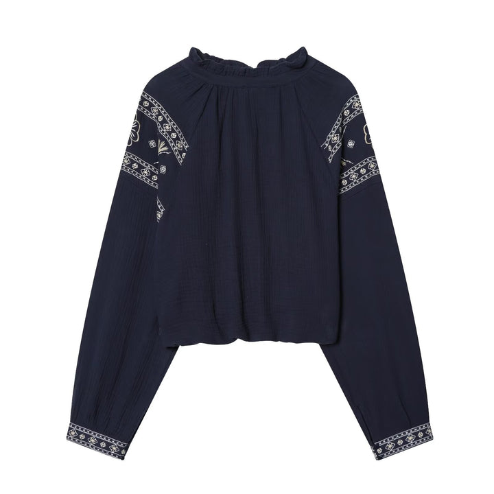 Damen nan bestickte Boho-Bluse mit gerafftem Stehkragen, Ballonärmeln und kurzem Saum Drune
