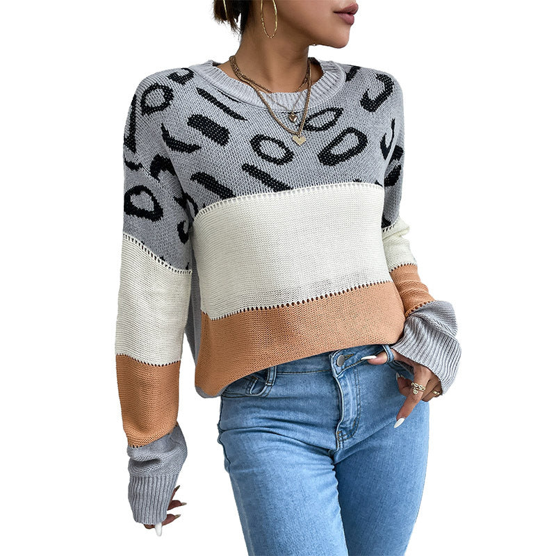 Damen Strickpullover mit Leopardenmuster und Blockstreifen Drune