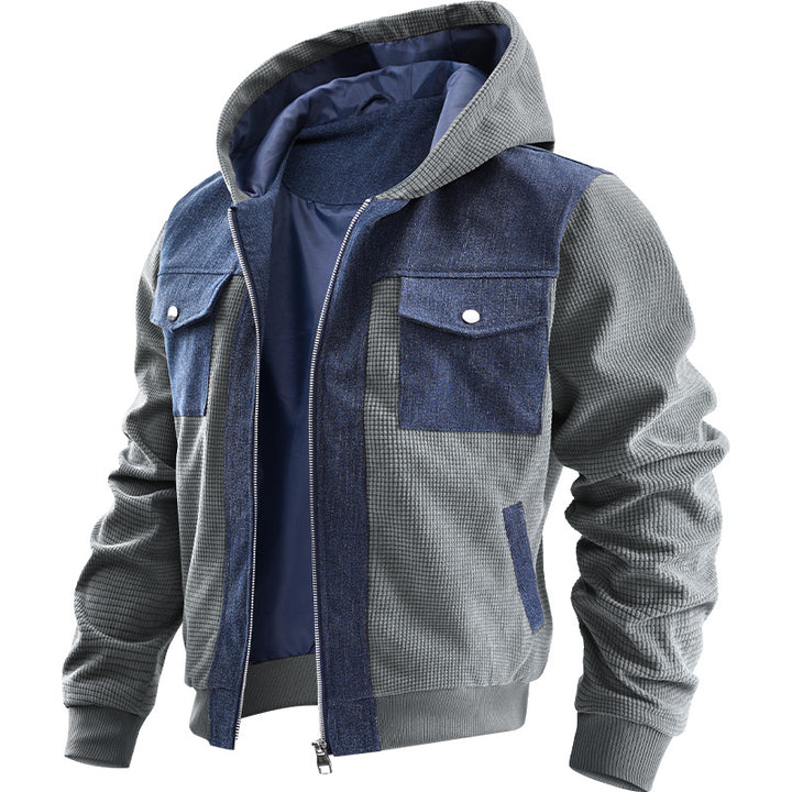Herren  Hybrid Kapuzen-Waffelstrick- und Denim-Panel-Bomberjacke Drune