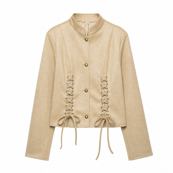 Damen Veloursleder-Kurzjacke mit Schnürung und Stehkragen Drune