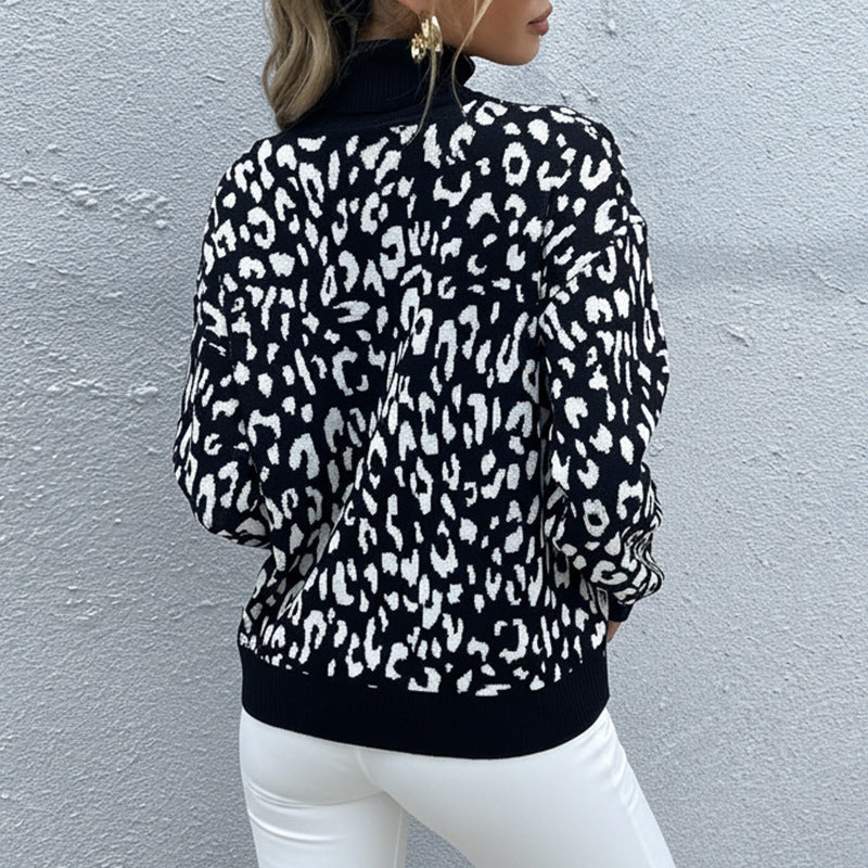 Damen Oversize Feinstrickpullover mit Leoparden-Jacquard und Stehkragen Drune