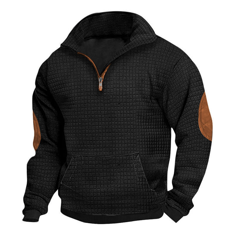 Herren nan thermoregulierender Waffelstrick-Halbzippullover mit Kängurutasche und Lederimitat-Ellbogenpatches Drune