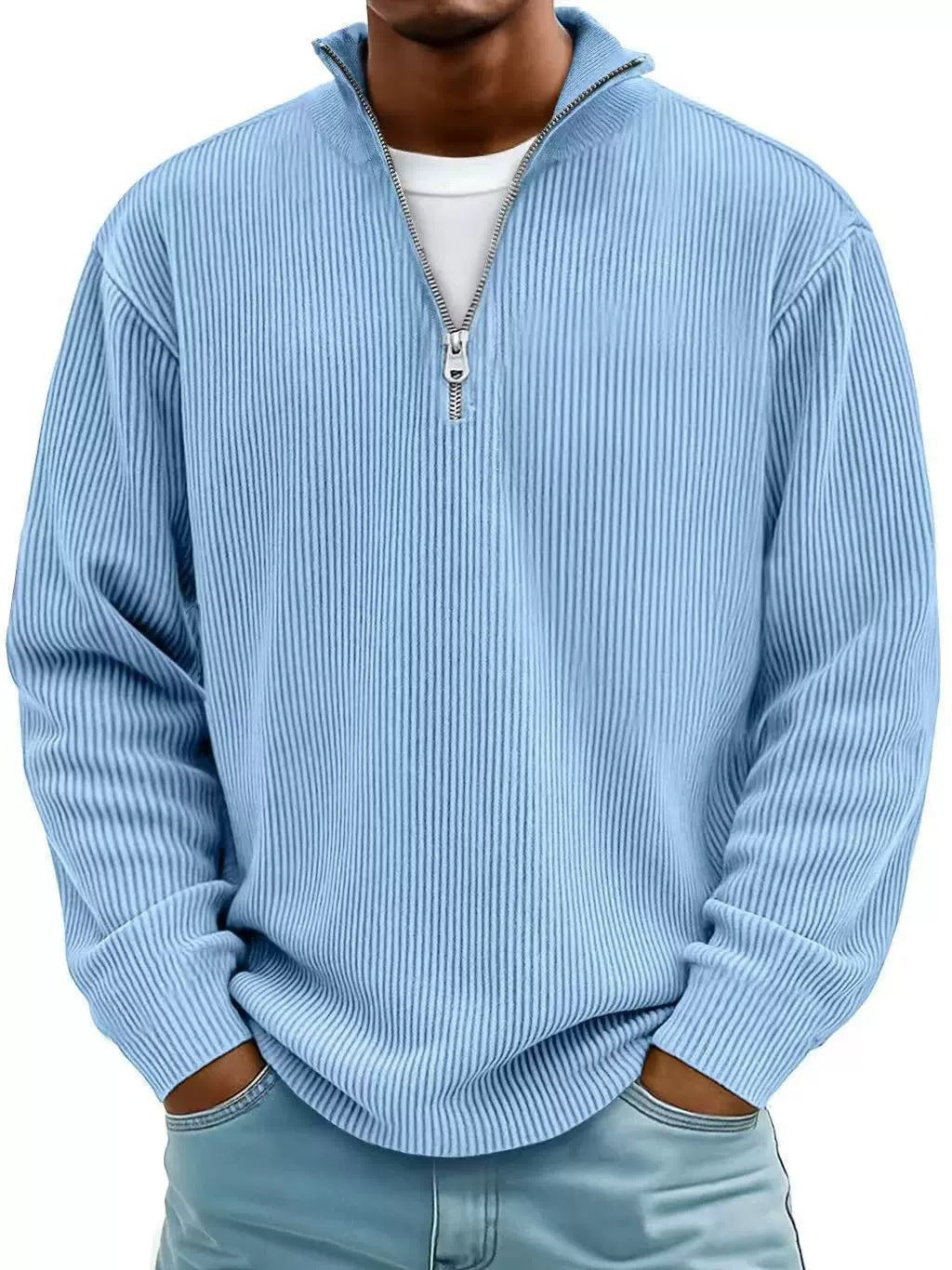 Herren gerippter Strickpullover mit Halbreißverschluss und Stehkragen Drune