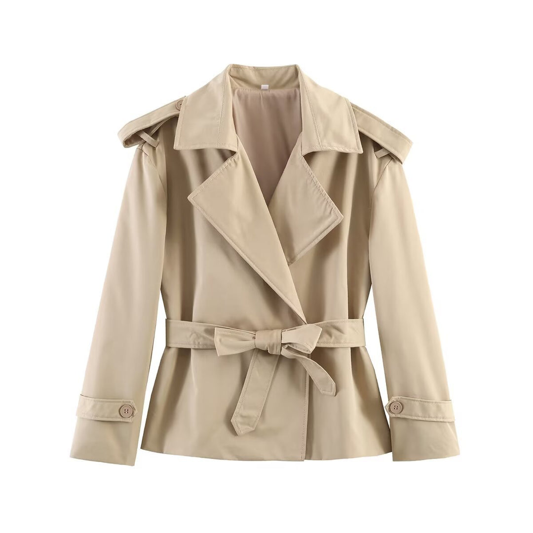 Damen kurzer Trenchcoat mit Taillengürtel, doppelreihiger Front und Schulterklappen Drune