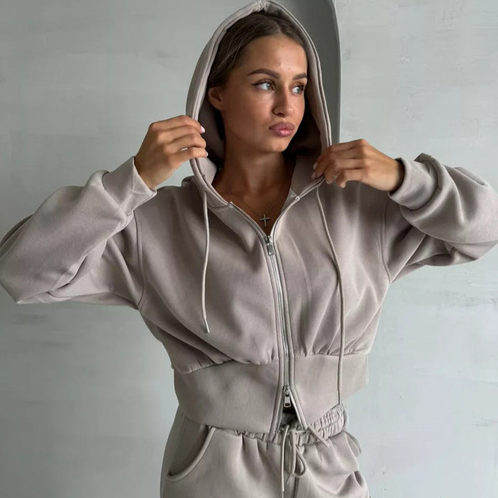 Damen Zweiteiliges Loungewear-Set mit gekürzter Zip-Kapuzenjacke und weitem High‑Waist Jogginghose Drune