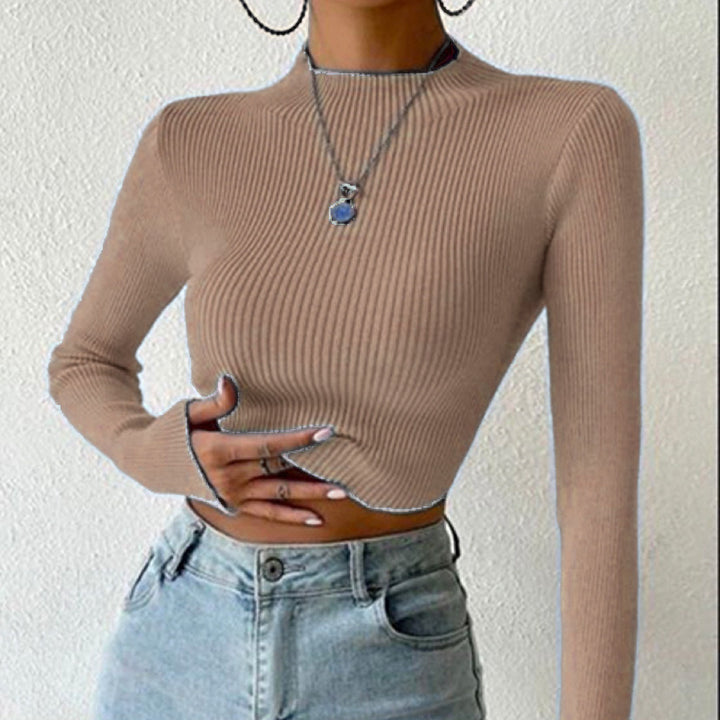 Damen Gerippter Cropped Feinstrickpullover mit Stehkragen Drune