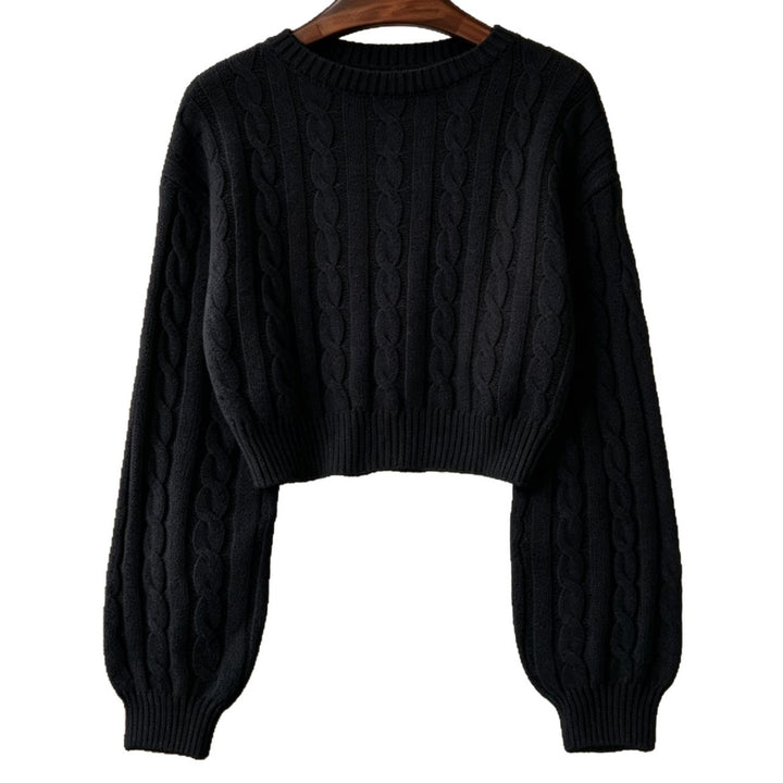 Damen Cropped Zopfmuster-Strickpullover mit kastiger Silhouette und Ballonärmeln Drune