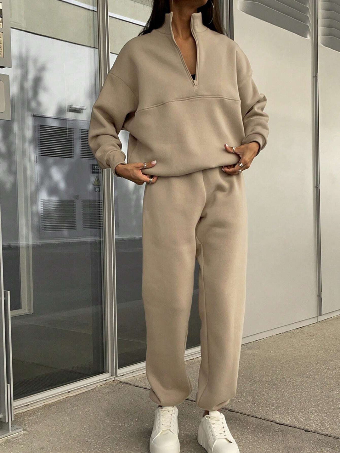Damen Oversize Sweat-Set mit halbem Reißverschluss, Stehkragen und lässiger Jogginghose Drune