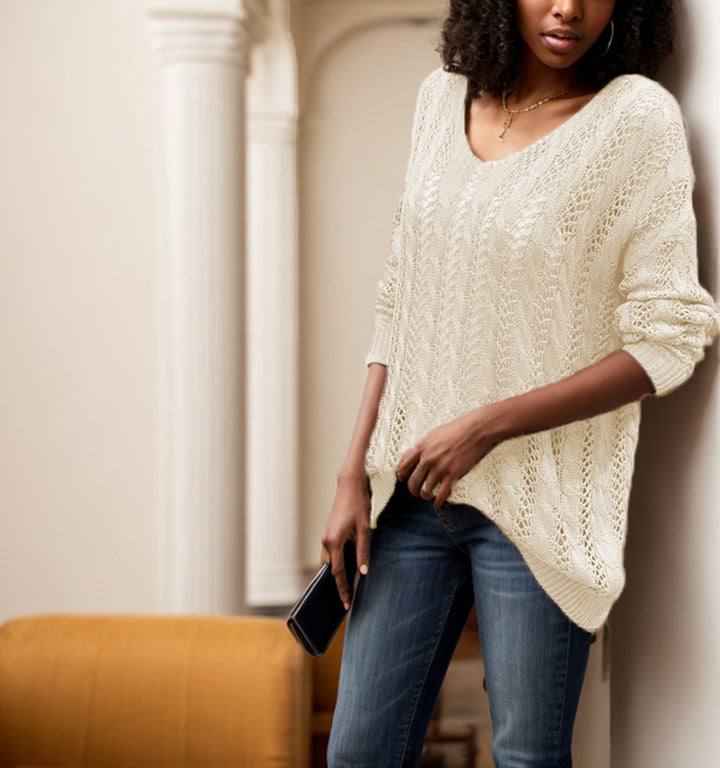 Damen Grobstrickpullover mit luftiger Maschenstruktur und V-Ausschnitt Drune