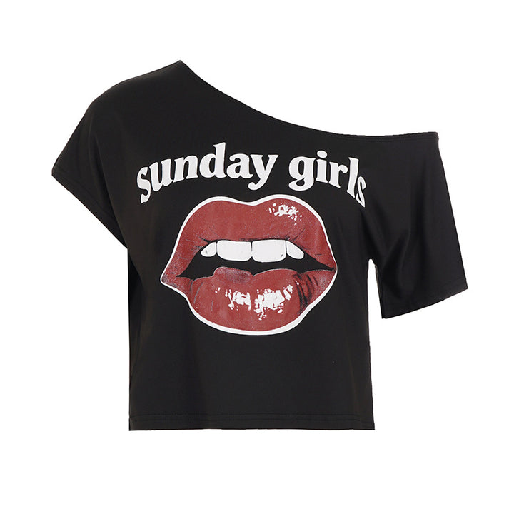 Damen Oversized T-Shirt mit kreativem Lippen-Print Drune