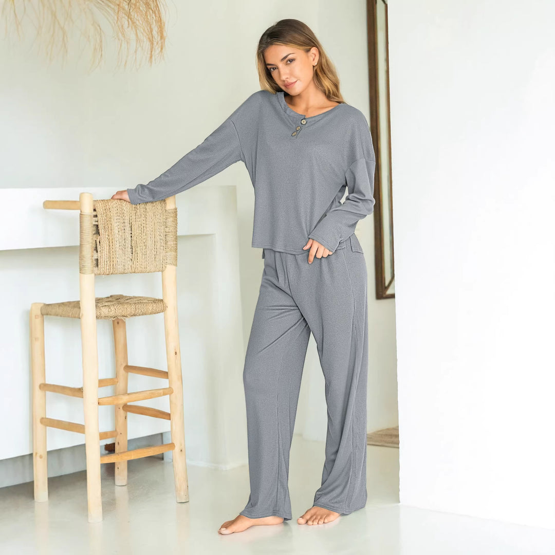 Damen lässiges Lounge-Kombinationsset aus hochwertigem Waffelmaterial mit Knopfleiste und weitem Schnitt Drune