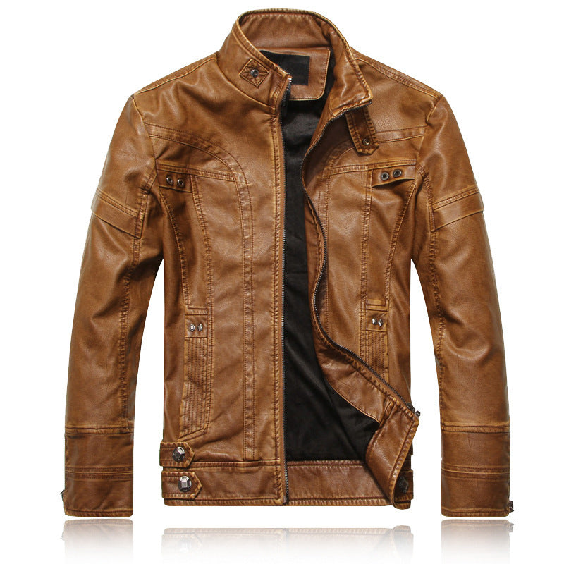 Herren Lederjacke im Bikerstil mit Stehkragen und Ziernähten Drune