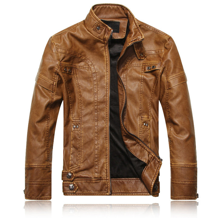 Herren Lederjacke im Bikerstil mit Stehkragen und Ziernähten Drune