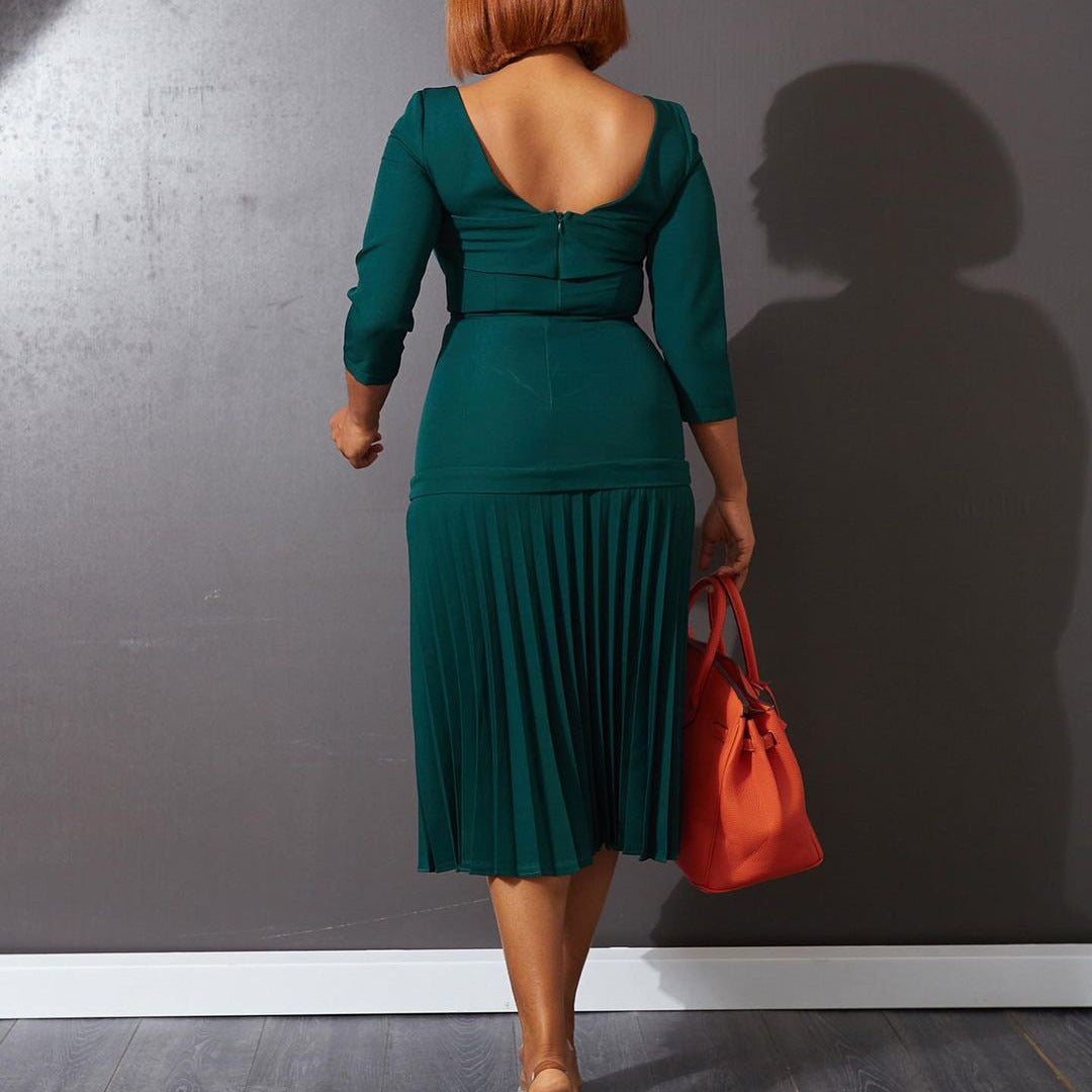 Damen Plissee-Kleid mit elegantem Quadrat-Ausschnitt und 3/4-Ärmeln Drune