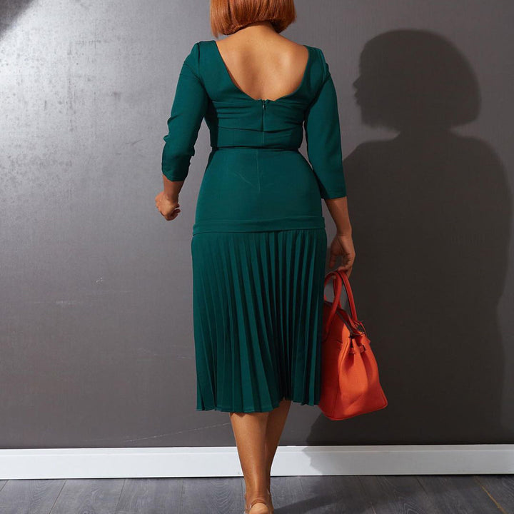 Damen Plissee-Kleid mit elegantem Quadrat-Ausschnitt und 3/4-Ärmeln Drune