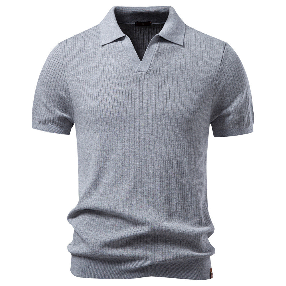 Herren nan fein geripptes Kurzarm-Poloshirt mit offenem Kentkragen Drune