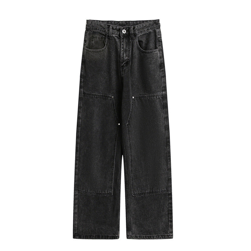 Damen Weite Utility-Denimhose mit Knie‑Patch, hohem Bund und geradem Bein Drune
