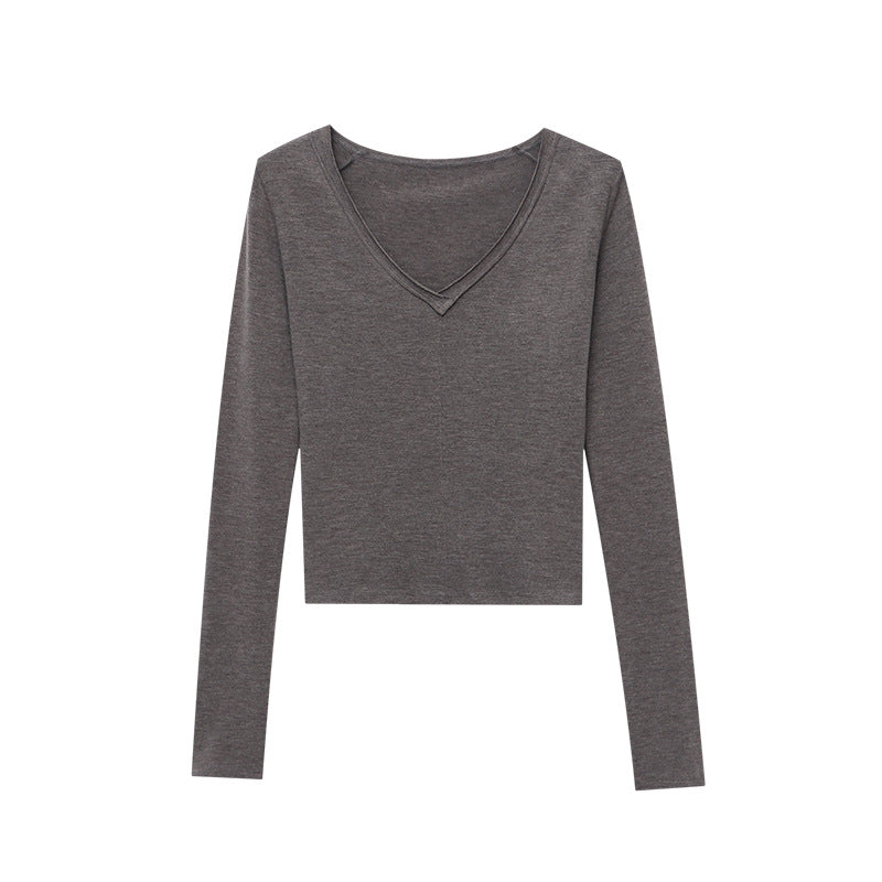 Damen elegantes Langarmshirt mit tiefem V-Ausschnitt und feiner Rippstruktur Drune