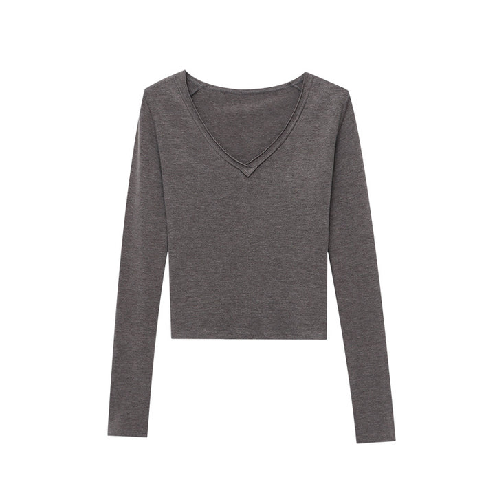 Damen elegantes Langarmshirt mit tiefem V-Ausschnitt und feiner Rippstruktur Drune