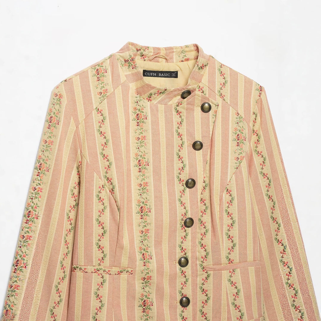 Damen Kurze Blousonjacke im Vintage‑Streifenmuster mit asymmetrischer Knopfleiste Drune