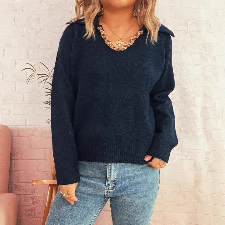 Damen stilvoller Pullover mit dekorativem Kragen und weich strukturiertem Stoff Drune